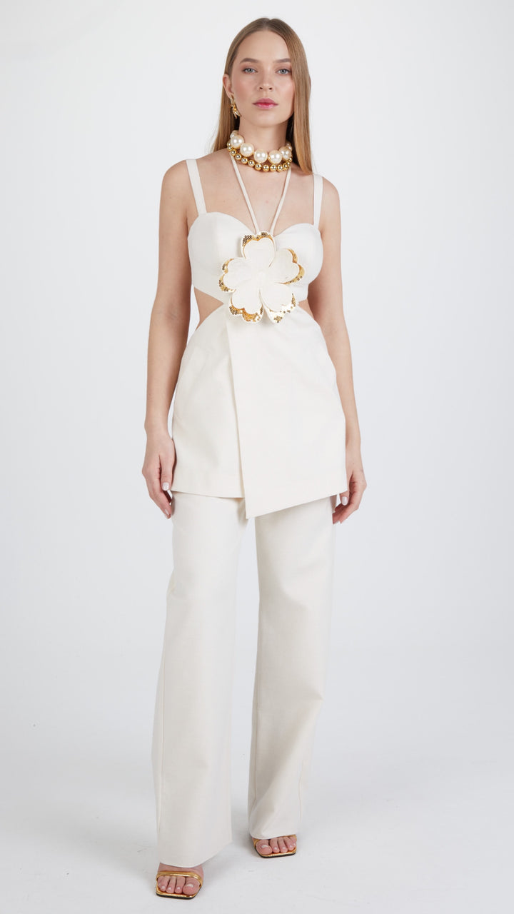 APLIQUE FLORAL SHIMMER JUMPSUIT